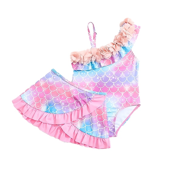 Hienoo Toddler Girls Bathing Suit Tie Dye Scales One-Piece Swimsuit with Ruffle Cover-Up Swimwear with UPF50 
