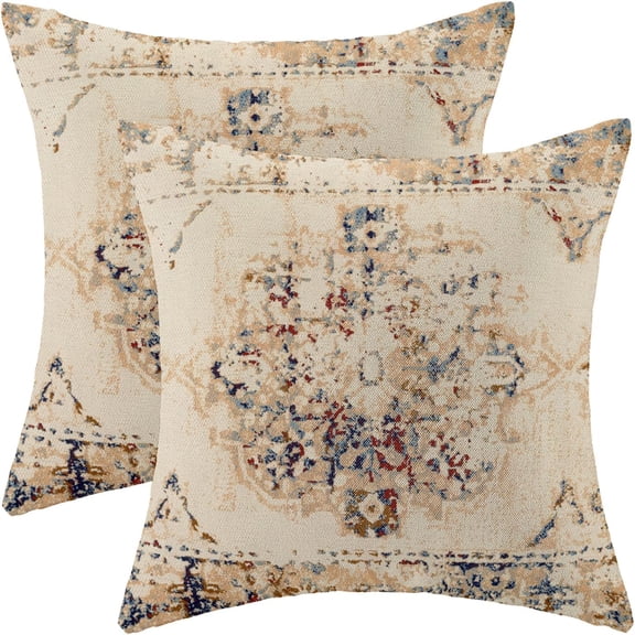 Boho Pillow Covers Set of 2 18x18 Inch Vintage Rust Carpet Pattern Ethnic Design Decorative Throw Pillows with Linen Farmhouse Cushion Covers for Sofa Couch Outdoor Decor Timeless Bohemian Style