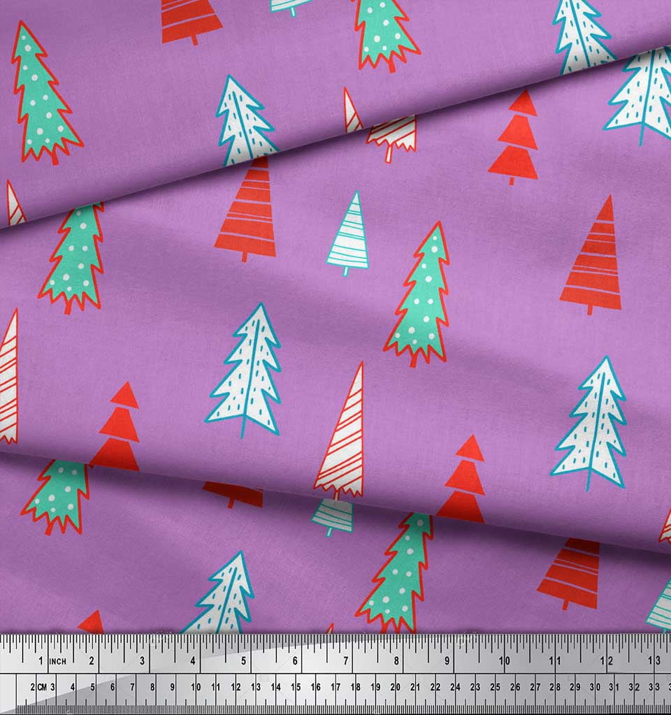 Soimoi Purple Cotton Duck Fabric Christmas Tree Print Fabric by Yard 56 Inch Wide