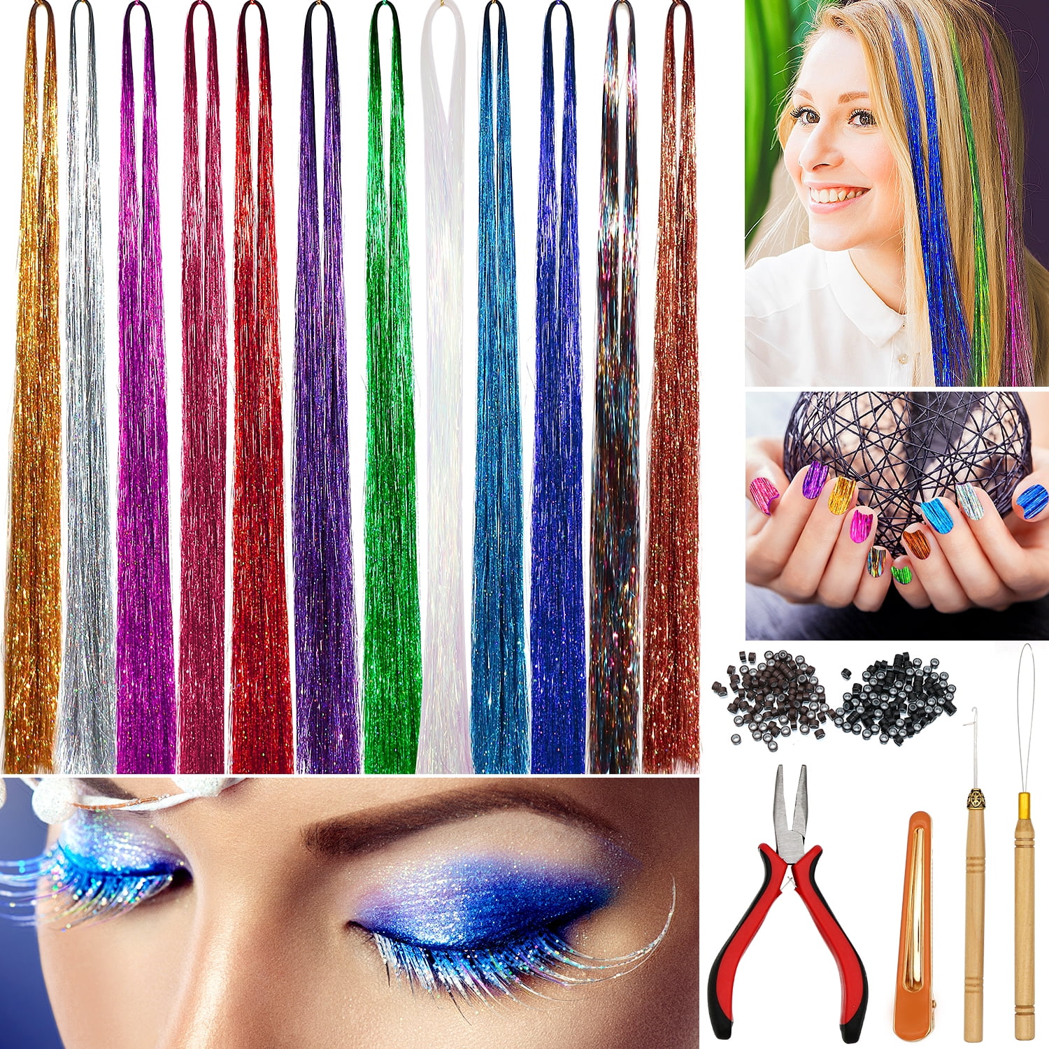 West Bay Hair Tinsel Kit with Tools 12 Colors 2400 Strands Glitter Hair  Extensions Sparkling Shiny Hair Tinsel Strands Kit for Christmas New Year  Halloween Cosplay Party (42 Inch) 