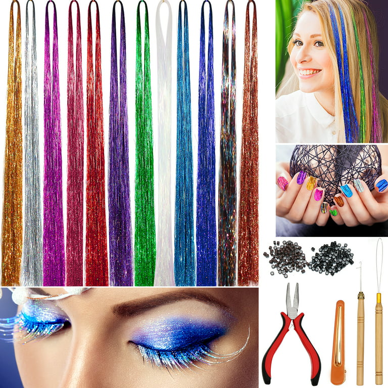 At læse Ledig Ungdom West Bay Hair Tinsel Kit with Tools 12 Colors 2400 Strands Glitter Hair  Extensions Sparkling Shiny Hair Tinsel Strands Kit for Christmas New Year  Halloween Cosplay Party (42 Inch) - Walmart.com