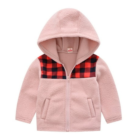 

mgdxox Kids Plaid Fleece Hoodie Jacket Winter Warm Zipper Coat Outerwear for Boys Girls Pink 7-8 Years