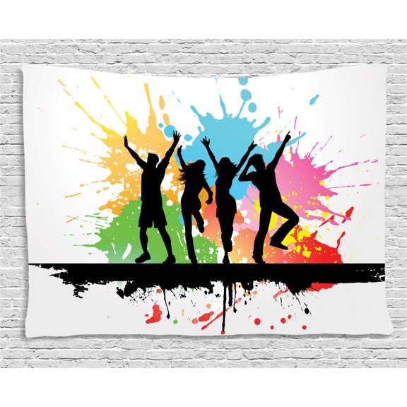 Youth Tapestry, Silhouettes of People Dancing Partying and Having Fun on Colorful Grunge Background, Wall Hanging for Bedroom Living Room Dorm Decor, 80W X 60L Inches, Multicolor, by Ambesonne