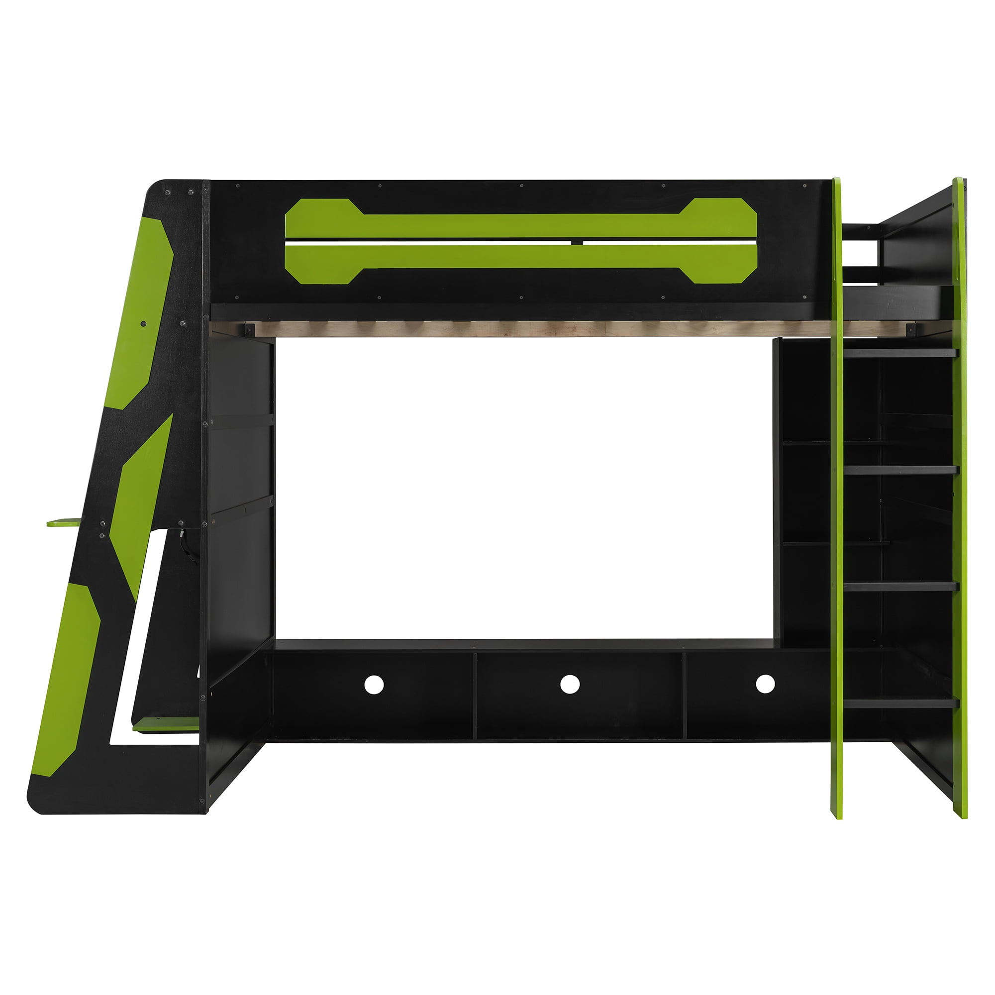 Mintazer Esports Full Size Loft Bed Frame with Gaming Desk & RGB Lights, Gaming Loft Bed with Open Storage Shelves & Charge Station for Teen Boys Bedroom, Green