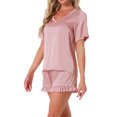 thumbnail image 4 of INSPIRE CHIC Women's Satin Pajama Set Short Sleeve Shirts with Ruffle Shorts Loungewear XS Pink, 4 of 6