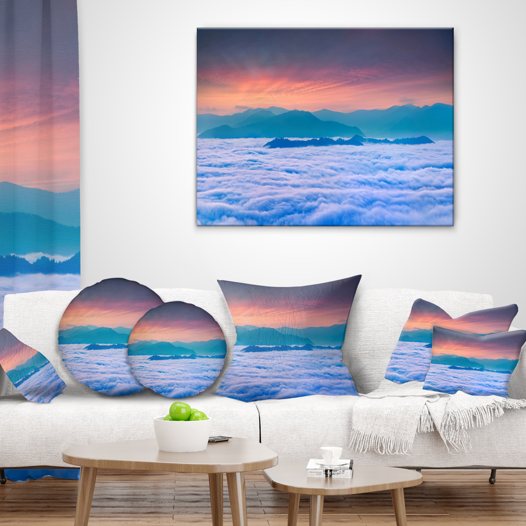 Designart Sea of White Fog and Mountains - Landscape Photography Throw Pillow - 12x20