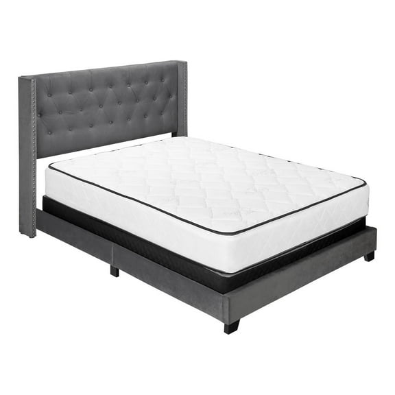 Monarch ="Bed, Queen Size, Bedroom, Upholstered, Grey Velvet, Chrome Trim, Transitional