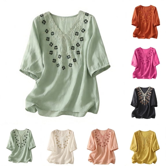 Kelon Dressy Tops for Women Short Sleeve Shirts V Neck Ethnic Embroidered Blouse Fashion Basic Tees, XL