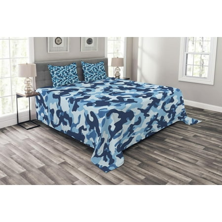 Camouflage Bedspread Set, Costume Pattern with Vibrant Color Palette Abstract Composition Concealment, Decorative Quilted Coverlet Set with Pillow Shams Included, Blue Coconut, by Ambesonne