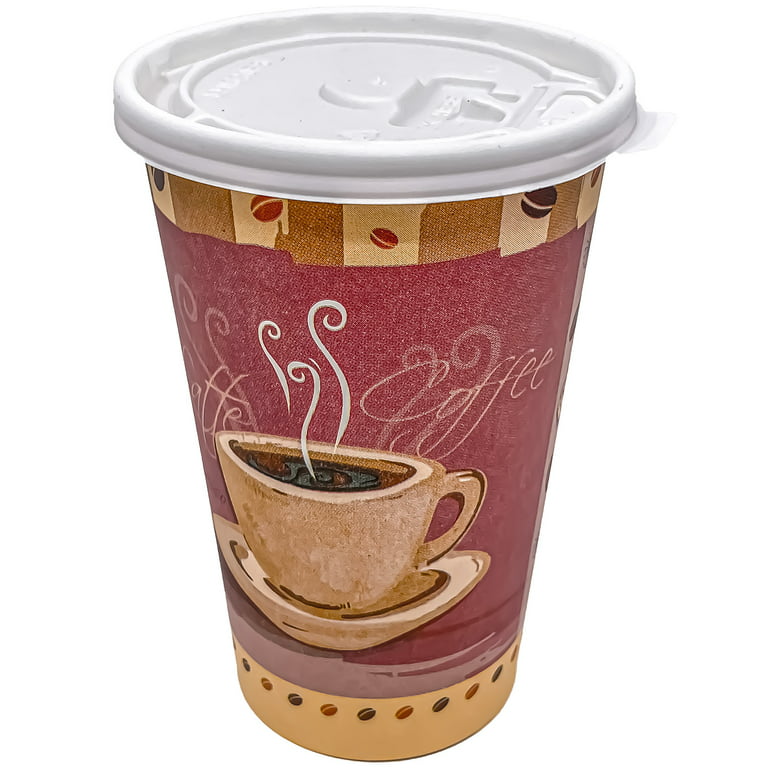VeZee 16 Oz Disposable Colored Tea&Coffee Cups Printed, Poly Paper Hot Cup  with Flat Tear-Back White Lid, for TO-GO Hot/Cold Drink, Coffee,Tea, Hot