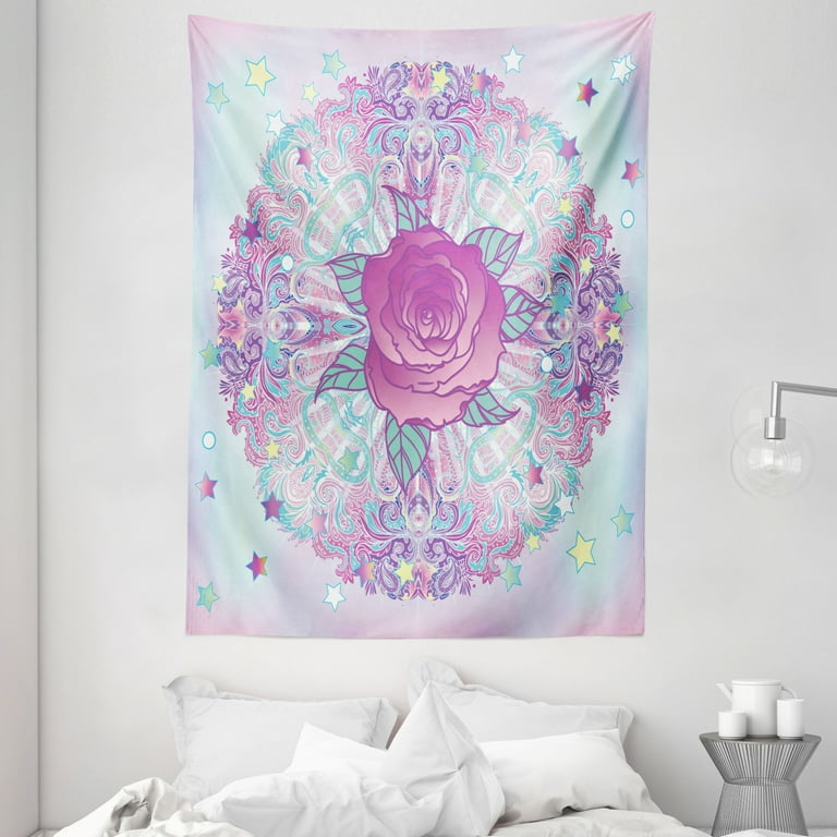 Indie Tapestry Psychedelic Mandala Inspired Round Rose Figure 80s 90s Retro Vintage Vibrant Wall Hanging for Bedroom Living Room Dorm Decor 60W X