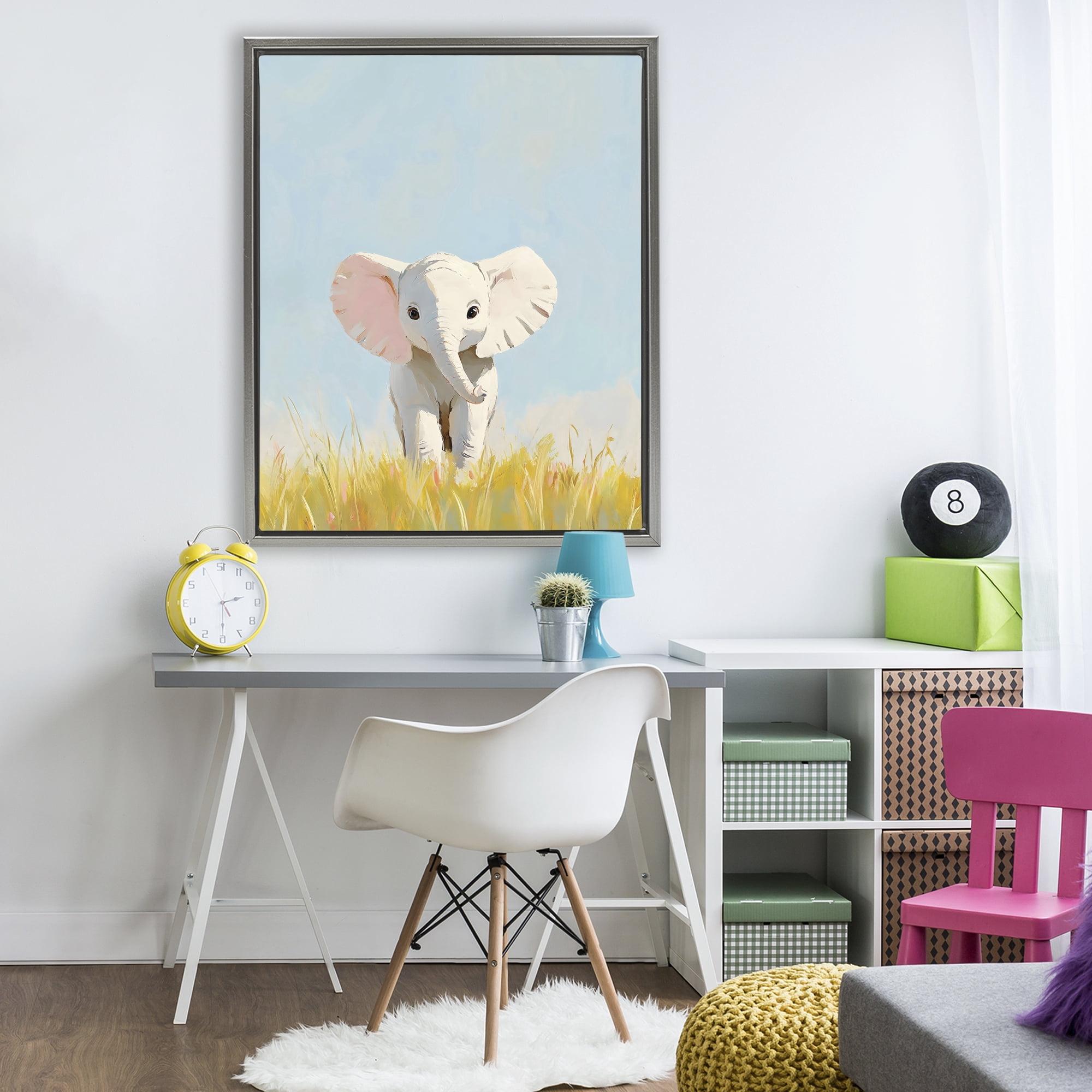 Stupell Industries White Baby Elephant in Grass Gray Framed Floater Canvas Wall Art, design by The Prints Vibe
