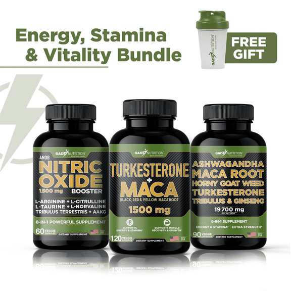 Energy & Stamina Bundle - Turkesterone Maca   Nitric Oxide   Ashwagandha with Horny Goat Weed 6-in-1