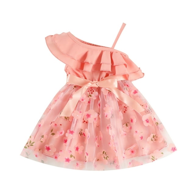 Robes Décontractées pour Bébés Filles Robe de Danse de Fête Sans Manches à Bretelles Spaghetti Florales, Rose, 18-24 Mois