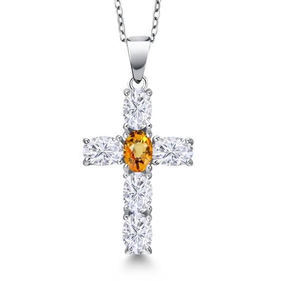 Gem Stone King 925 Sterling Silver White Moissanite and Yellow Sapphire Cross Pendant Necklace for Women | 3.12 Cttw | Gemstone Birthstone | Oval 6X4MM | With 18 inch Chain