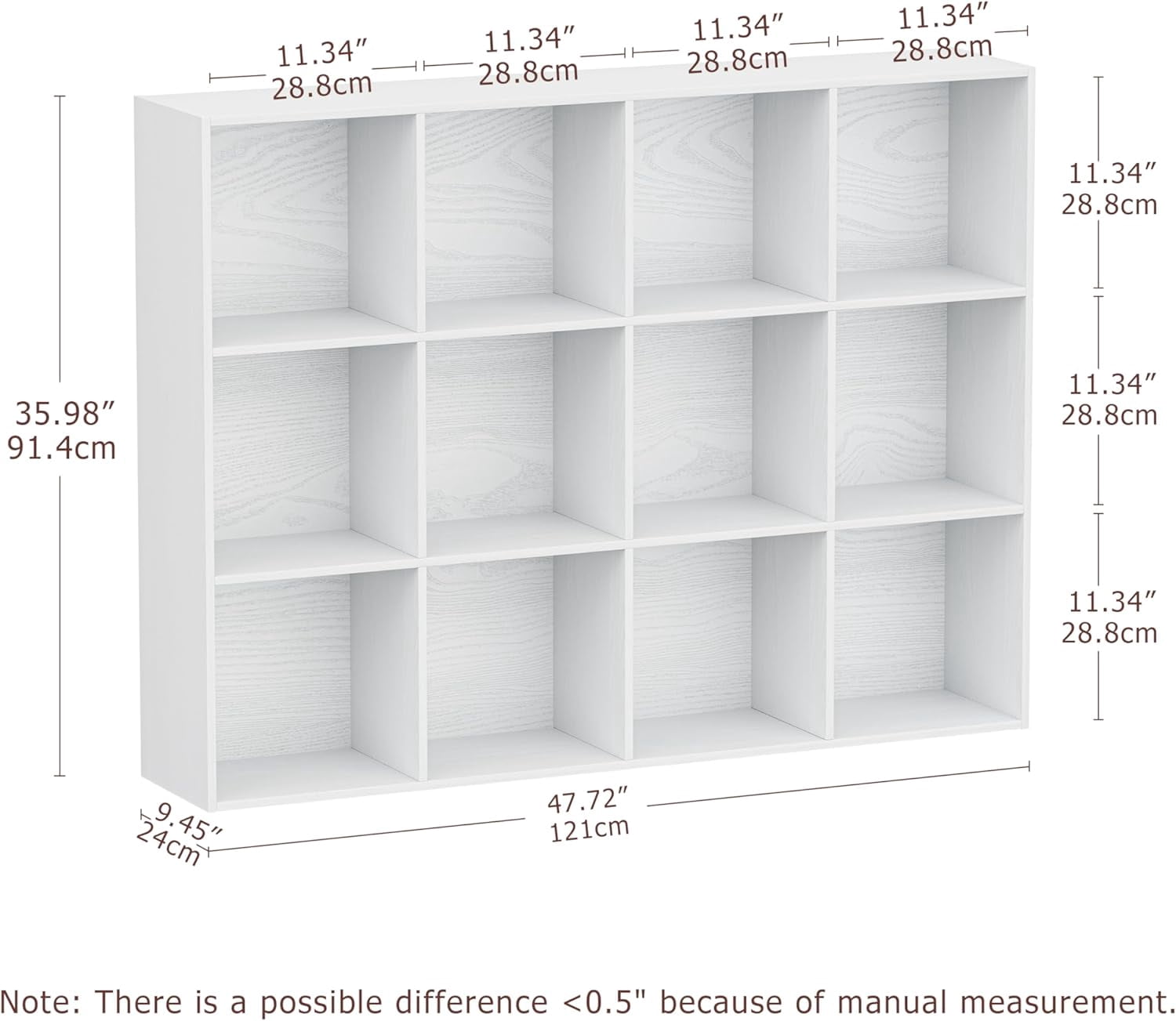 Jpiziso 12 Cube Storage Organizer 47.72" x 9.45" x 35.98" Bookcases with Closed Back for Home Office, Living Room, Bed Room White