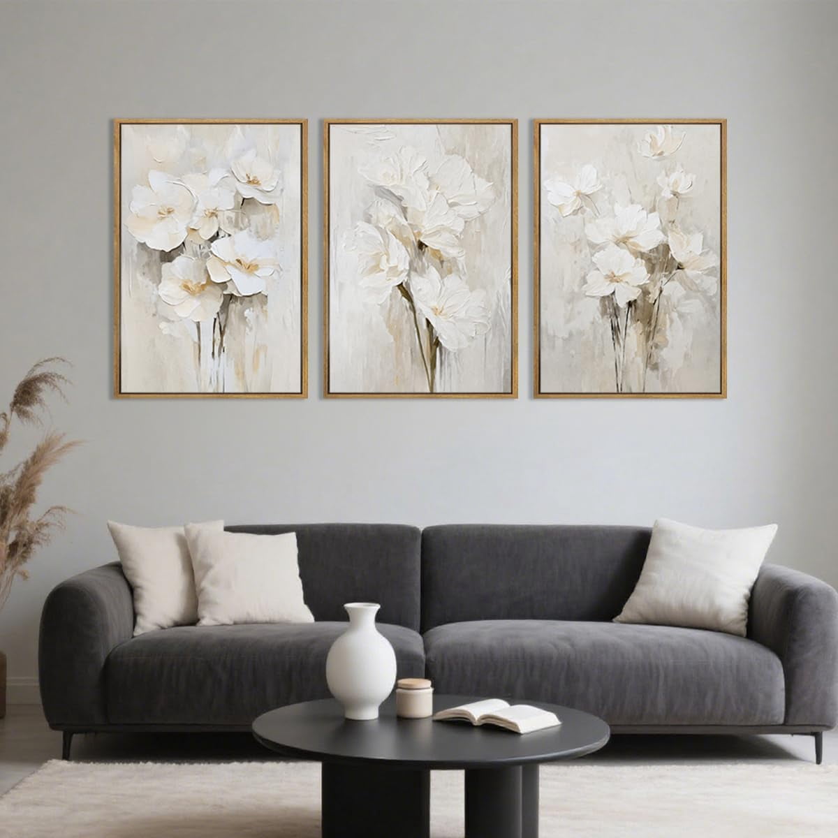 Beige Floral Wall Art Neutral Flower Wall Decor for Living Room Bedroom Dining Room 16x24 Inch Set of 3