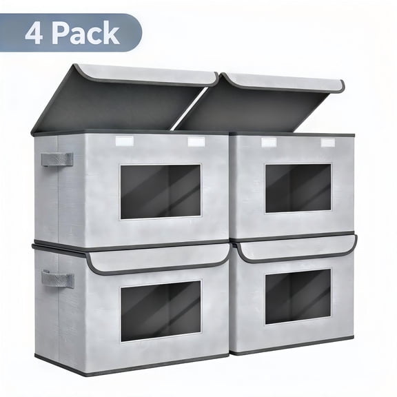 Large Fabric Collapsible Stackable Storage Bins with Lid, Closet Organizers and Storage, Gray, 4 Pack