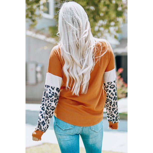 ABPHQTO Top de cuello redondo con diseño de leopardo y bloques de color Pumpkin Spice Addict para mujer