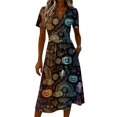 thumbnail image 4 of Womens Halloween Dress Witch Hat V Neck Skeleton Vintage Wrap Dresses Spider Short Sleeve Fall Wedding Guest Dress 3XL, 4 of 5