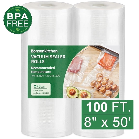 Vacuum Sealer Rolls 8''x50'x 2 Pack, Bonsenkitchen Vacuum Sealer Bags,Food Saver Bags Rolls,clear