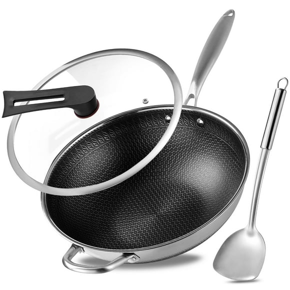 12.68" Stainless Steel Non-Stick Fry Pan Wok Pan with Lid and Spatula For Electric Induction and Gas Stoves