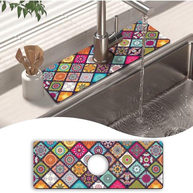 Kitchen Sink Splash Guard Faucet Mat 15" X 5.5" Mandala Absorbent Fast Drying Mat Faucet Draining Mat Sink Splash Guard Behind Faucet Drip Catcher for Kitchen Bathroom