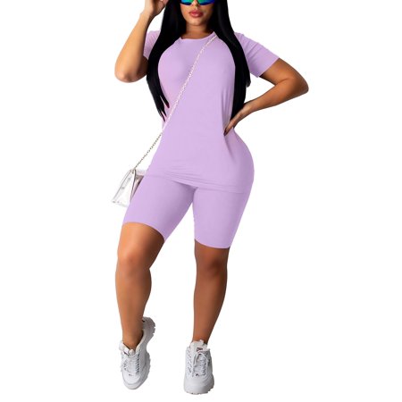 

Meihuida Women 2 Piece Tracksuit Casual Sports Sweatsuit Short Sleeve T-Shirt Top High Waist Shorts Set Pyjama Set