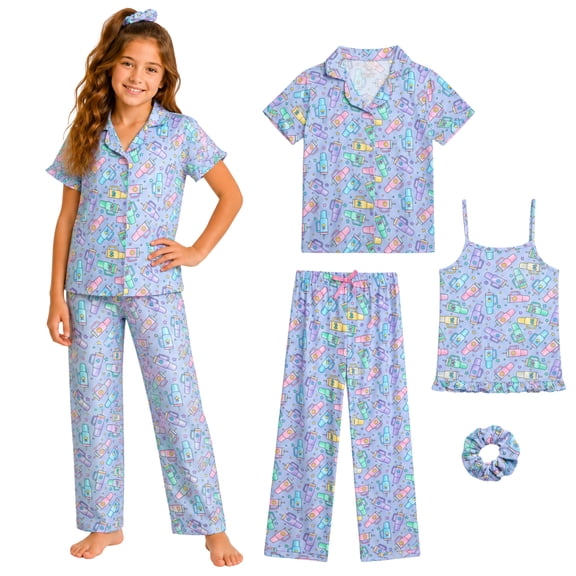Princess Rose Girls Pajamas Set Cute Sleep Shirt Top Pajama Pants Shorts with Scrunchie 4 Piece