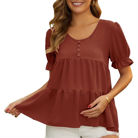 DARING DIVA Women's Maternity Ruffle Short Sleeve Casual Tiered Shirt S Brown