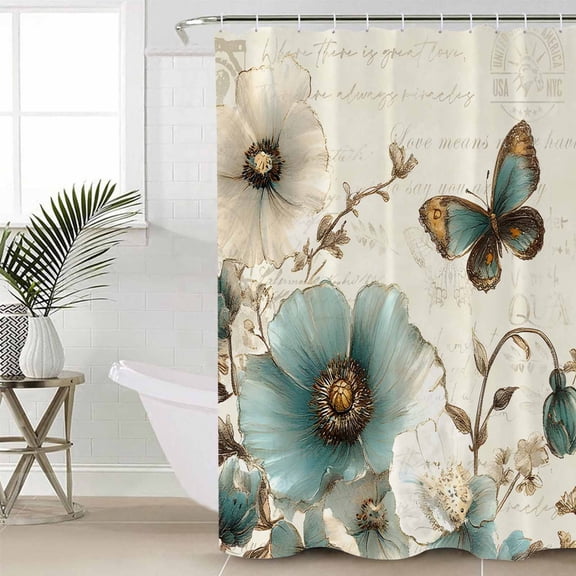 Turquoise Flowers Bathroom Curtain 84 Inch Shower Curtain with Hooks, Vintage Farmhouse Spring Butterfly Waterproof Polyester Bath Curtain Washable Bathtub Curtain 72''x 84''