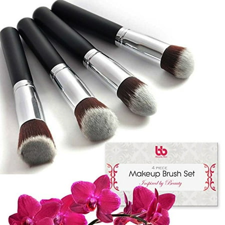 Professional Makeup Brushes, Set, 4 Pieces, Vegan, with Plastic Handles, Kabuki Flat Brushes for Blending, Highlighting & Contouring, By Beauty (Best Makeup Products For Contouring And Highlighting)