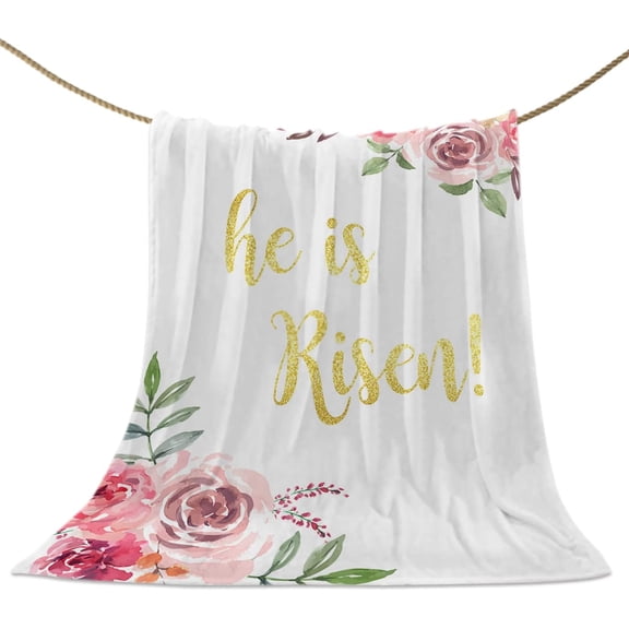 Throw Blanket Spring Style Red Flowers and Green Grass Easter Blanket Soft Warm Throw Blankets He is Risen Flannel Blankets for Couch Bed Sofa Throw Blanket for Home Spring Holiday Decor 50" x 60"