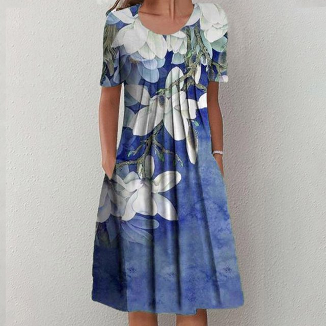 EGNMCR Robes de Fête pour Femmes Robe d'Été Décontractée pour Femme à Col Rond, Manches Courtes, Plissée, à Imprimé Floral
