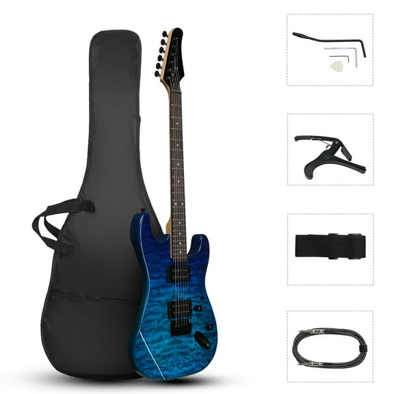 Ktaxon KST 39in Electric Guitar Beginner Kit w/ H-H Pickups, Capo, Strap, Cable, Picks, Trans Blue