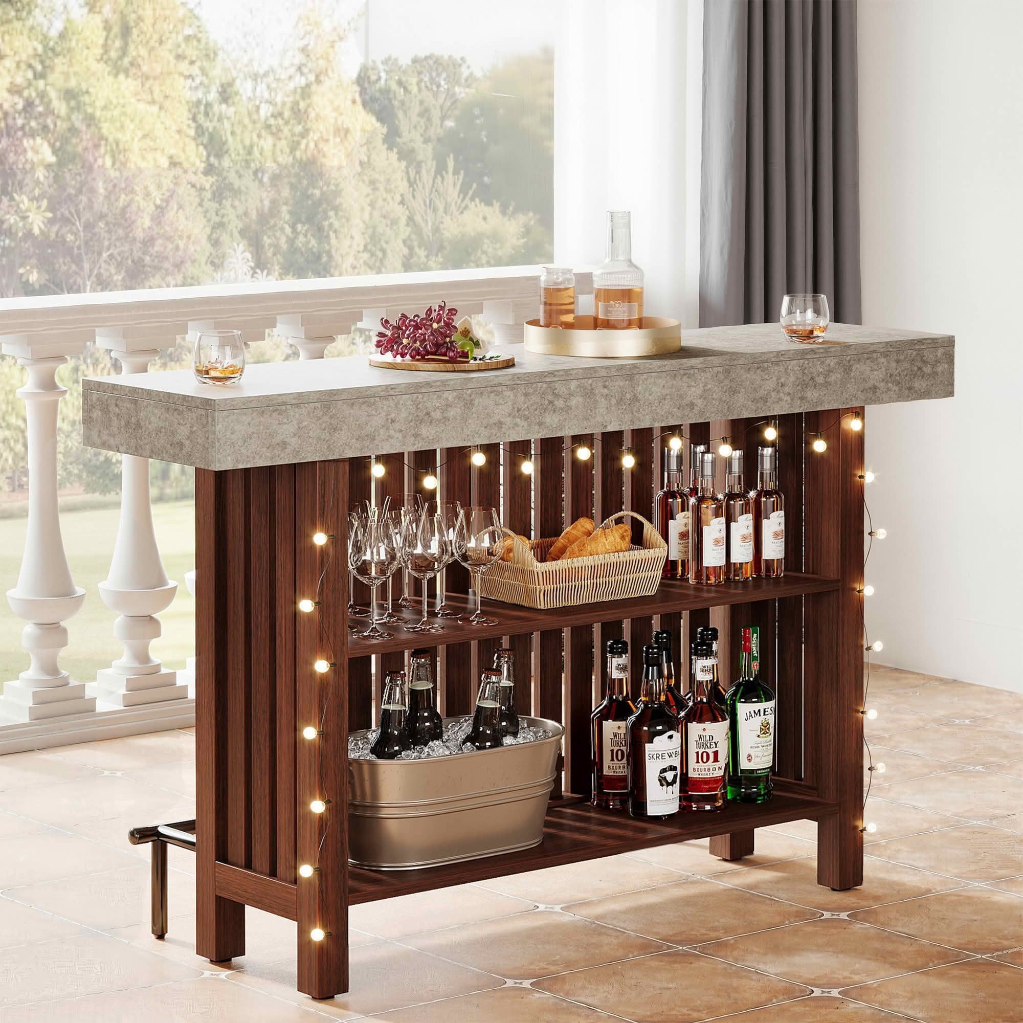 MAYEERTY 63 Inch 2 Tier Home Bar Unit, Height Pub Table with Storage Shelves, Modern Kitchen Island with Adjustable Foot Pads for Basement Living Room