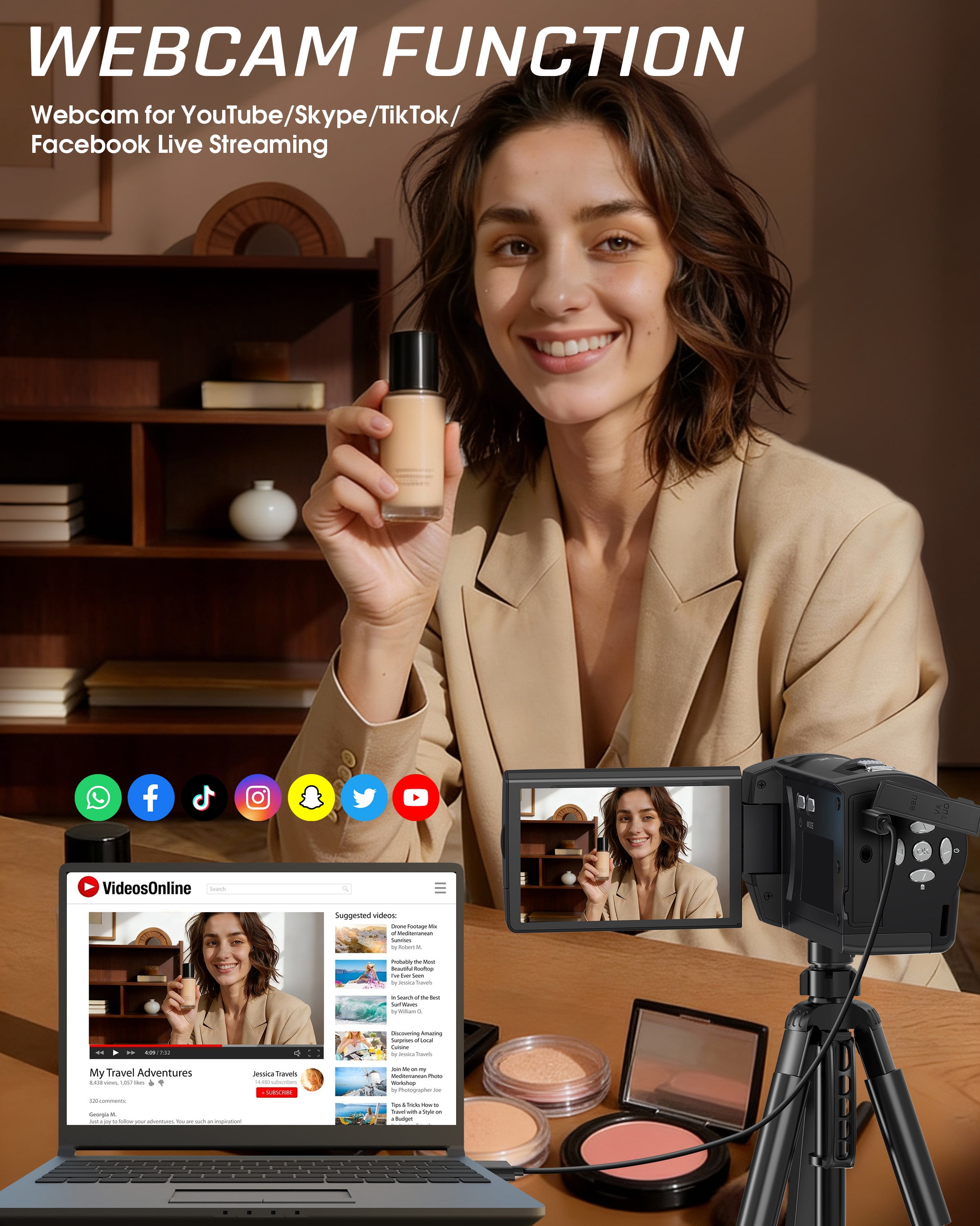 Video Camera 2.7K Camcorder 56MP 16X Zoom Vlogging Camera for YouTube