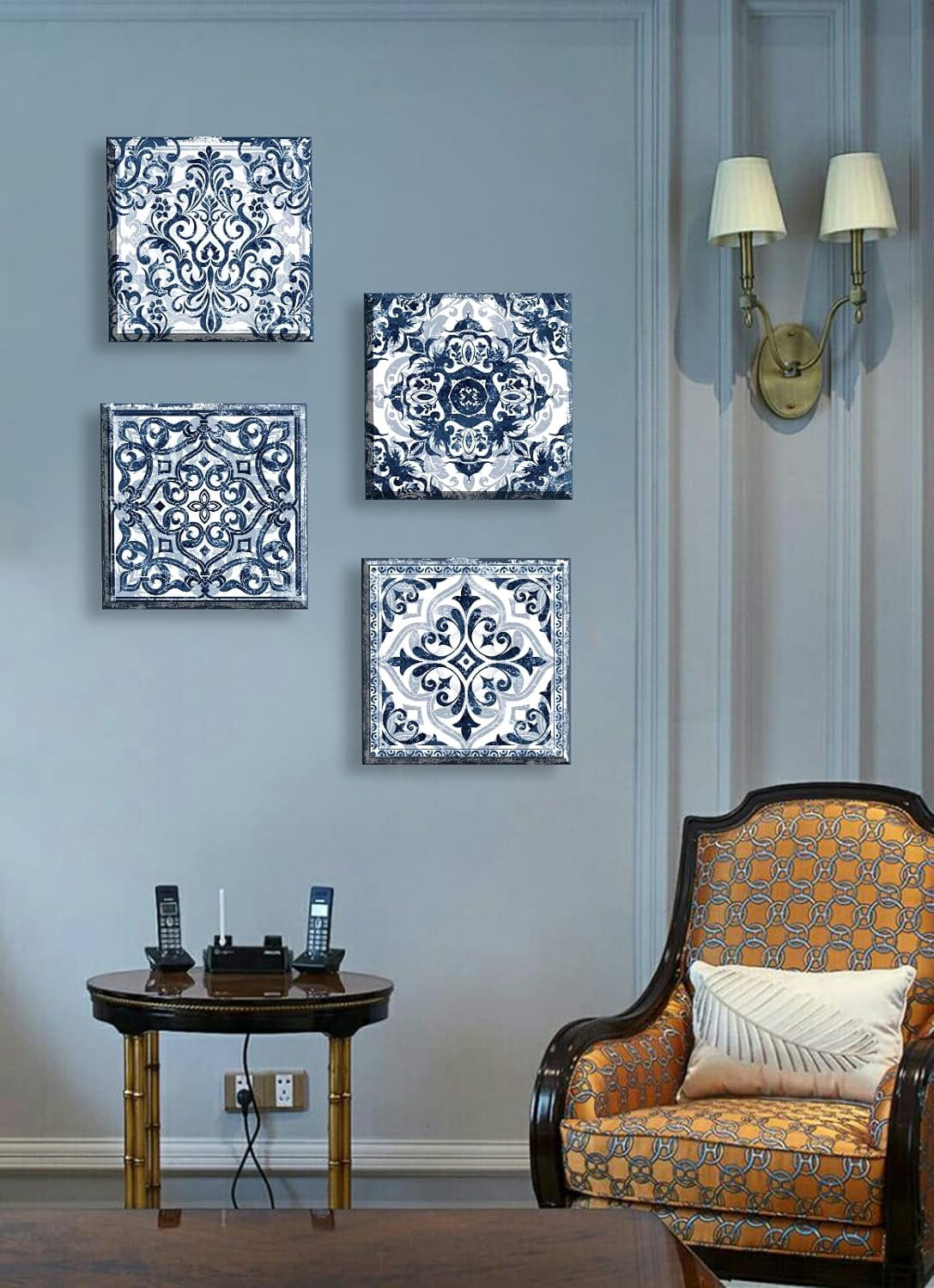 Bathroom Wall Decor Navy Blue Flower Paintings Canvas Prints Decoration Vintage Wall Art for Bedroom Framed Ready to Hang 12" Wx12 Hx4 pcs