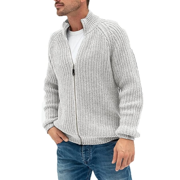 Grianlook Men Zipper Cardigans Cable Knitted Long Sleeve Sweaters Outerwear Stand Collar Winter Casual Coat White M