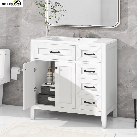 Bellemave Modern Bathroom Vanity with Drawers and Cabinet, 36’’ White Bathroom Cabinet with Undermount Sink, Freestanding Bathroom Vanity Combo