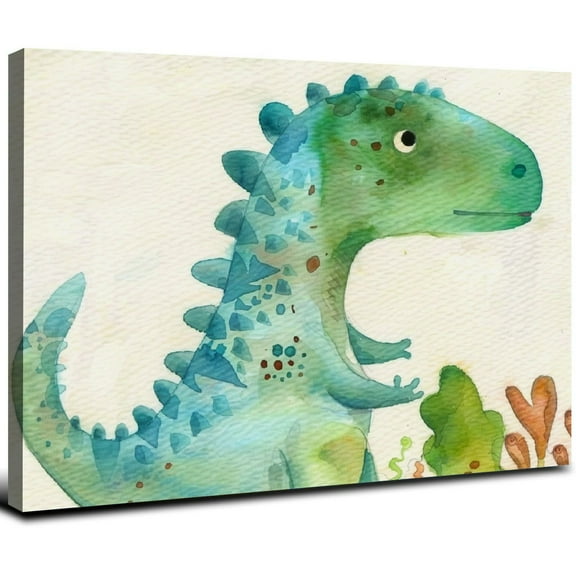 JRXY Watercolor Dinosaur Canvas Wall Art, Minimalist T-Rex Dino Painting Room Aesthetic Posters, Cute Cartoon Woodland Animal Prints Decor for Kids Playroom Toddler Nursery  20x16inch