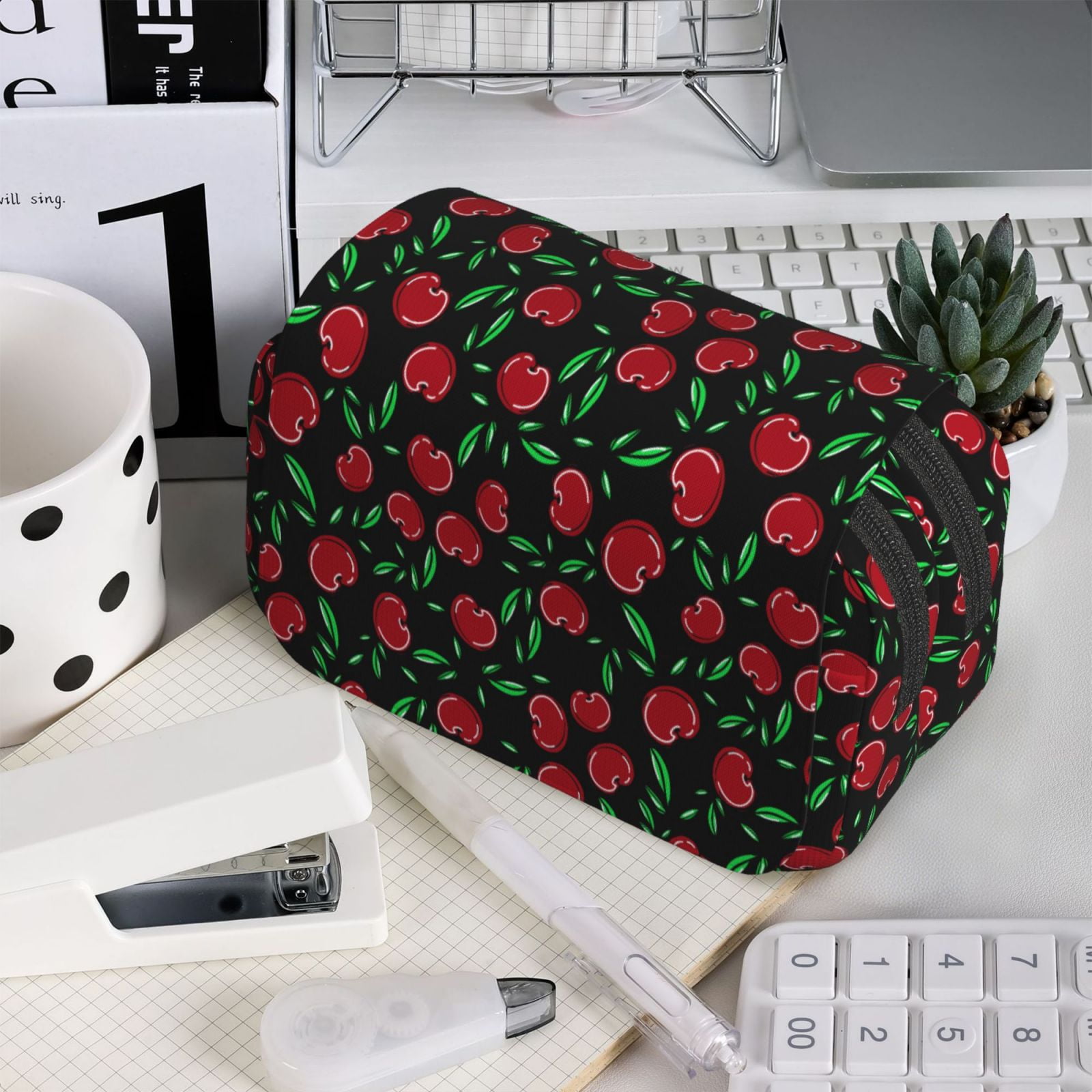 Rateoe Cherry Pattern Double Clamshell Pen Case, Storage Organizer with Two Zipper Compartments– Holds Up to 50 Pencils & Pens