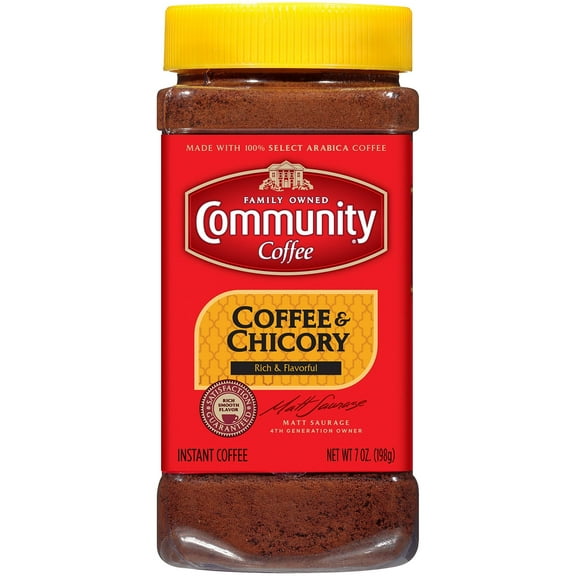 Community Coffee and Chicory Medium Dark Roast Premium Instant 7 Oz Jar, Full Body Rich Flavorful Taste, 100% Select Arabica Beans (Pack of 4) NEW