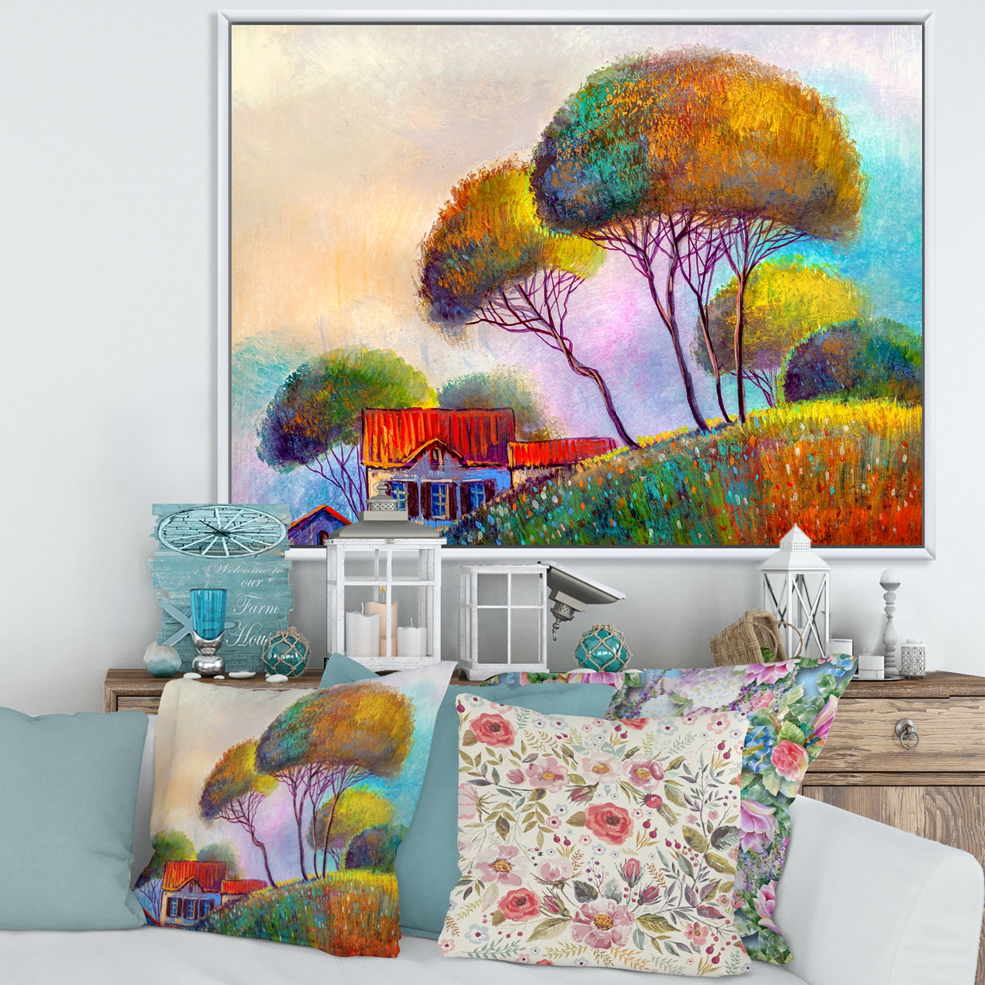 Designart 'Beautiful Village House On A Hot Summer Day' Modern Framed Canvas Wall Art Print