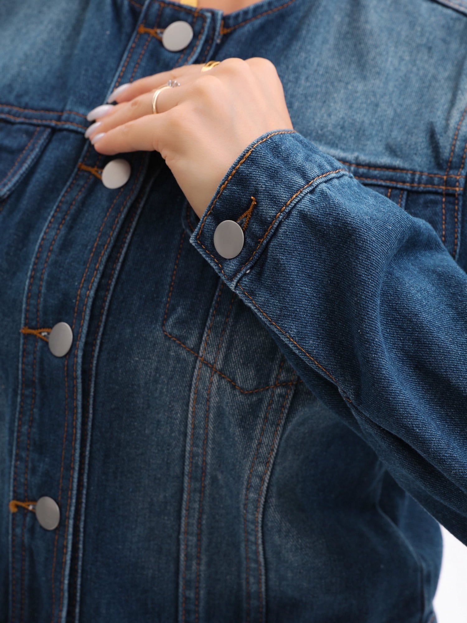 DARING DIVA Women's Collarless Button Down Long Sleeve Denim Jacket 2XL Dark Blue