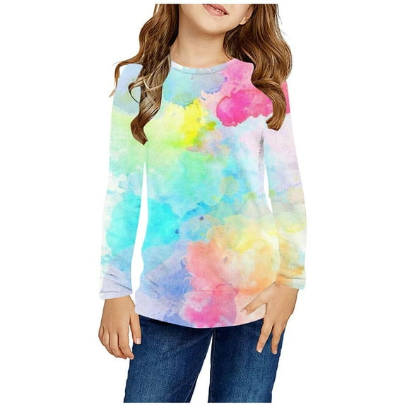Nskgu Girls Long Sleeve Shirts Casual Crew Neck Tops Basic Tunic Blouses Tie Dye Printed Tops Western Shirts for Preppy Kids