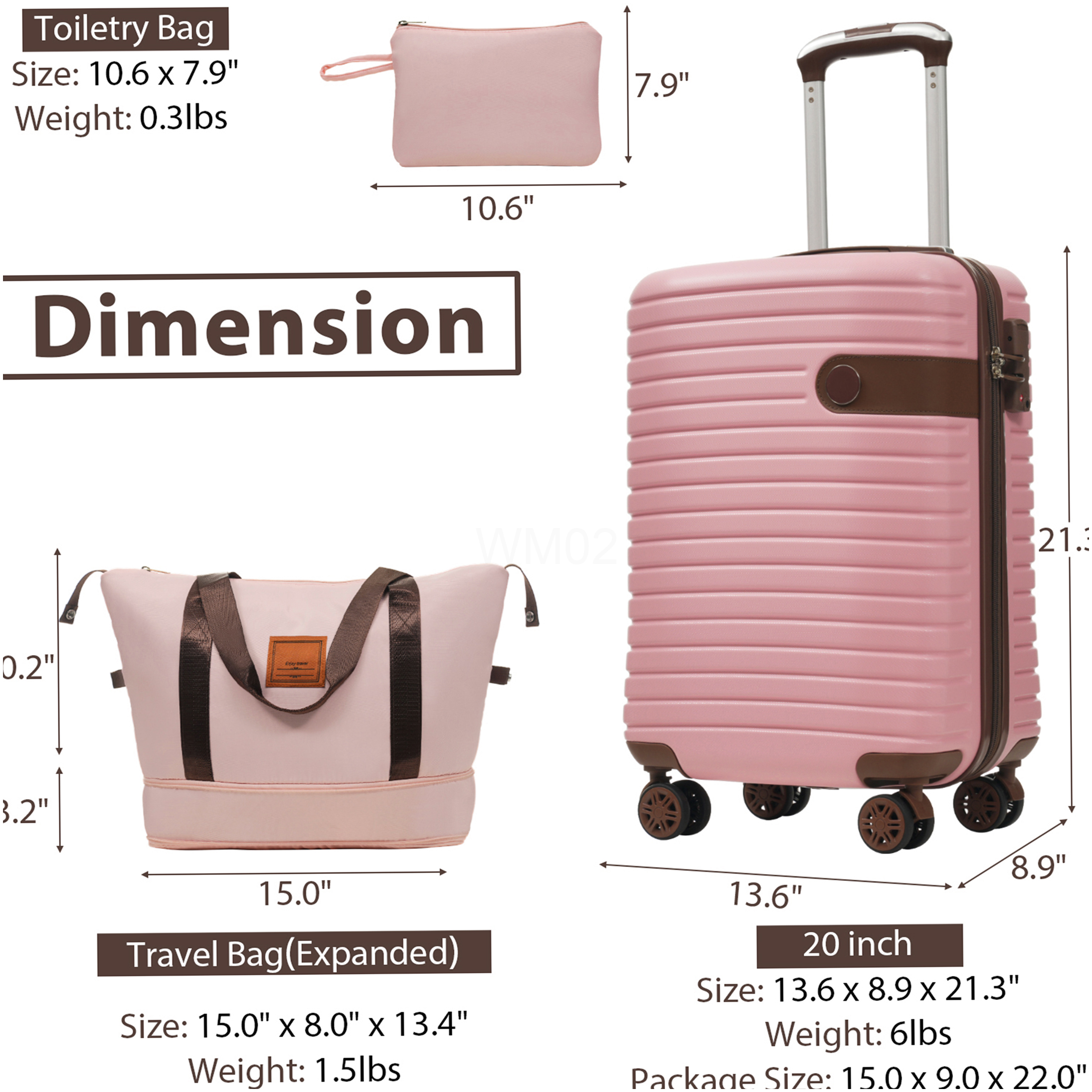 Pink ABS 3-Piece Carry-On Luggage Set with TSA Lock, Lightweight Hardshell Spinner Suitcase & Weekender Bag