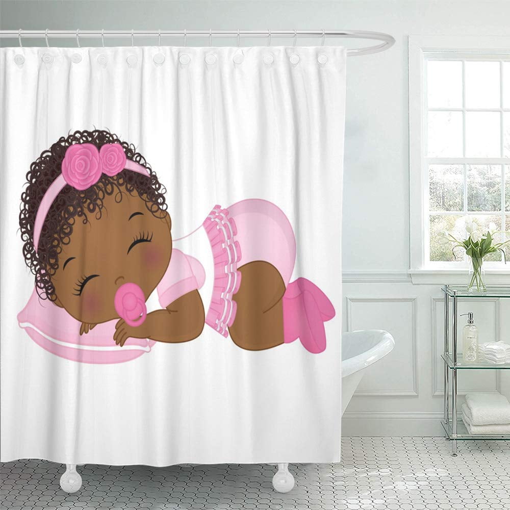 PKNMT Pink Cartoon Cute African American Baby Girl Sleeping White
