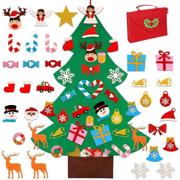 DIY Felt Christmas Tree for Kids, 3ft Christmas Tree with 30pcs Glitter Ornaments for Kids Xmas Gifts Christmas Door Wall Hanging Decorations