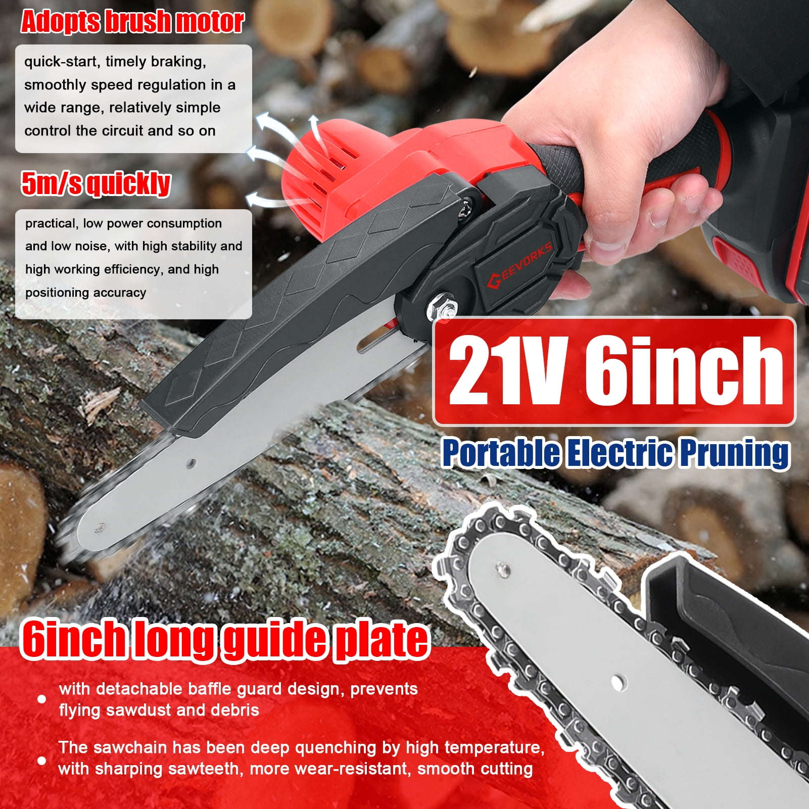 Geevorks Mini Chainsaw, 6-inch Cordless Small Chain Saw , Electric Brushless Chainsaw with Security Lock, Handheld Power Chainsaw for Tree Pruning, Wood Cutting